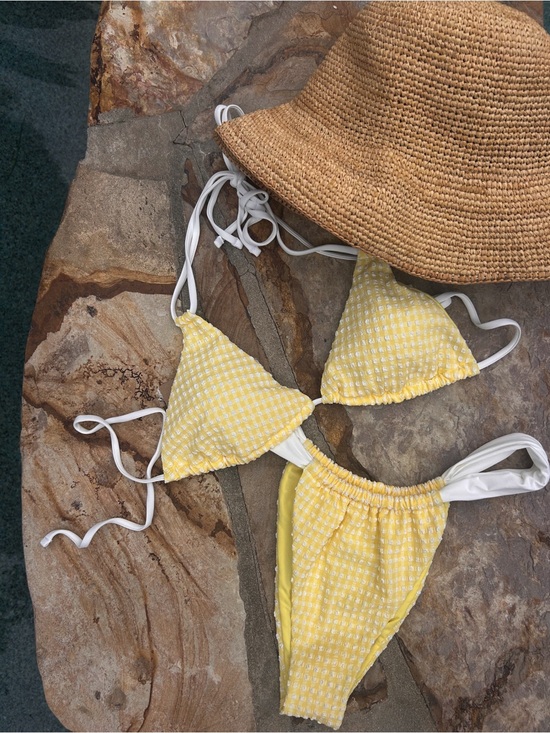 23.Swim Other - Yellow Gingham Triangle Bikini Set with White Ties - Women Swim Bikinis